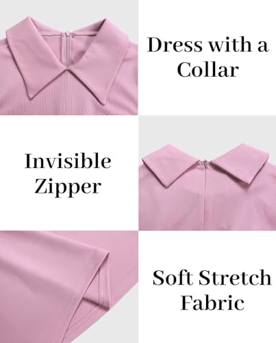 Voghtic Womens Collared Short Sleeve Midi Dress: Ruched Waist Asymmetrical Hem Elegant Casual Work Dress