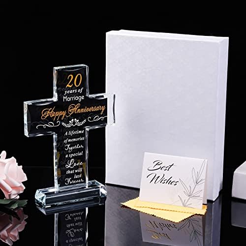 YWHL 20th Anniversary Religious Gifts for Couple, Laser Engraved Glass Standing Cross Keepsake for Him, 20 Years Wedding Anniversary Cross Gifts for Her