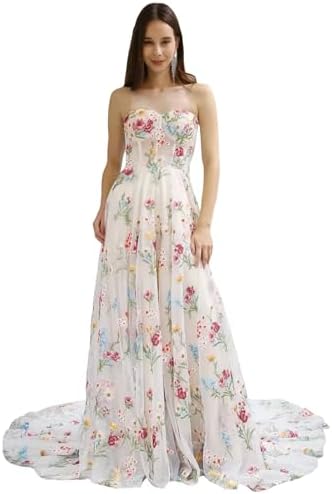 Flower Embroidery Tulle Wedding Dresses for Bride 2025 Long Corset Strapless Sweetheart A Line Wedding Bridal Gown