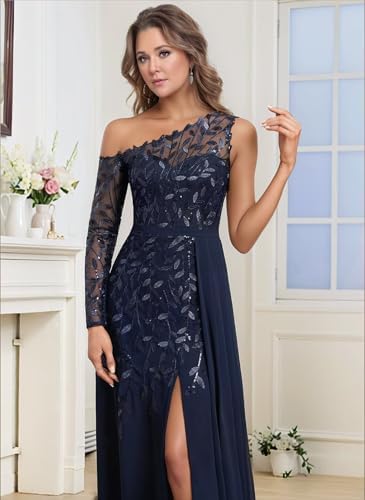 One Shoulder Mother of The Bride Dresses with Slit for Wedding Lace Appliques Chiffon Formal Dress He6077