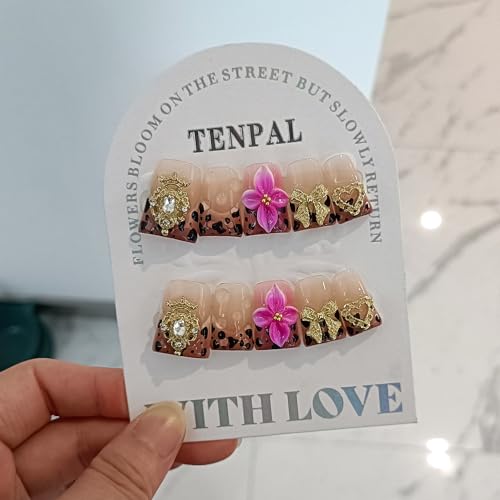 TENPAL Duckbill Nails,Brown Leopard French Tips Press on Nails with Kit,Soft Gel Fake Nails with 3D Charms Hearts Bows Flowers,Metallic Edgy Punk Y2K False Nail with Rhinestone for Winter Fall(S)