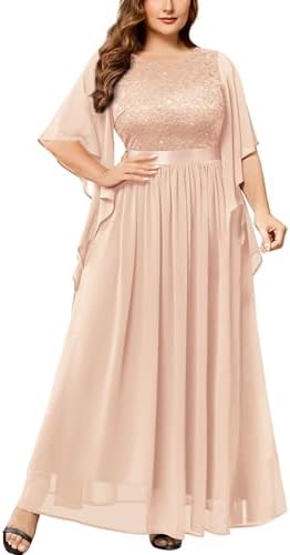 Miusol Womens Plus Size Sequin Lace with Ruffle Cape Cloak Sleeves Elegant Evening Gown Wedding Guest Maxi Dress