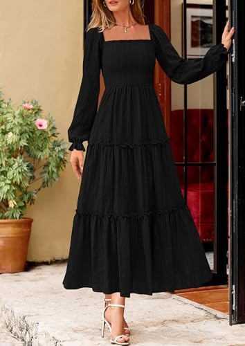 PRETTYGARDEN Spring Dresses for Women 2026 Casual Long Sleeve Smocked Ruffle Flowy Elegant Wedding Guest Maxi Dress Pockets