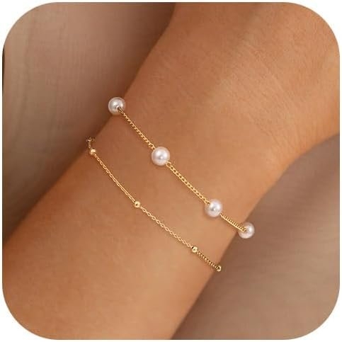 NECOCY 14K Gold Plated Pearl Bracelets for Women, Dainty Bracelets Stack Trendy Pearls Beaded Link Chain Charm Bracelets Set Layered Non Tarnish Tiny Cute Jewelry for Women