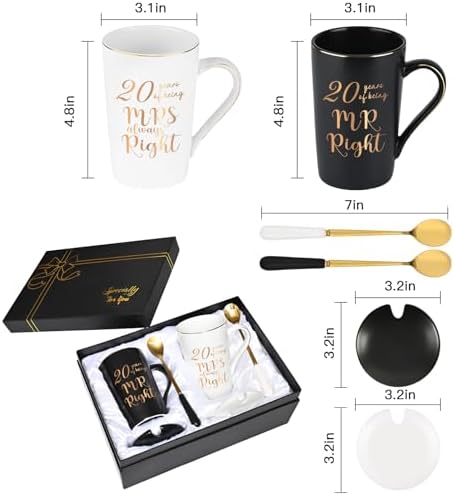 YHRJWN 20 Year Anniversary Presents, 20th Anniversary Presents for Couple Parents, 20th Wedding Anniversary Presents, 20th Mr & Mrs Always Right Coffee Mugs, 14 Oz with Coasters, Spoons and Gift Box