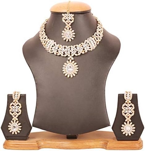Touchstone Indian jewelry sets for women wedding gold kundan necklace traditional earrings tikka bollywood party style white crystal rhinestone guest gift bridal costume prom dainty accessories