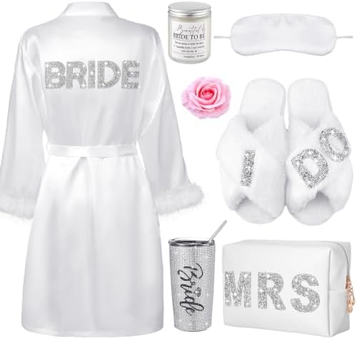 Croloose 9 Pcs Rhinestone Bridal Shower Gift Set Include Box 20 oz Tumbler Slippers Bride Robe Makeup Bag Scented Candle Blindfold 2 Artificial Rose for Bachelorette Wedding Party Gift