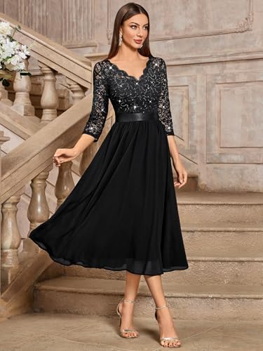 Miusol Womens Elegant V Neck Sequin Lace Sleeve Bridesmaid Party A-line Dress