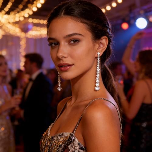 Wedding Long Rhinestone Earrings Silver Crystal Dangle Earring Dainty Diamond Cubic Zirconia Bridal Drop Sparkly Tassel Cz Brides Stud Simple Shiny Statement Formal Bridesmaid Party Prom Jewelry Women