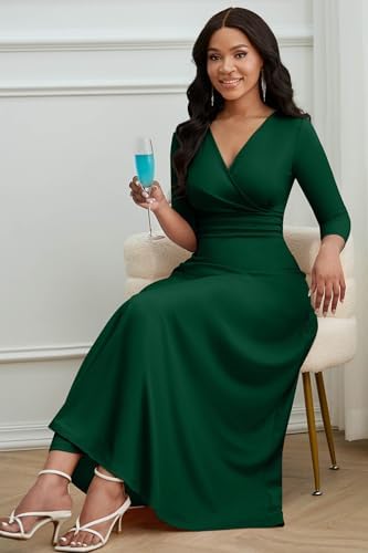 CLOCOR Maxi Dress for Women Long Formal Short Sleeve A Line V Neck Dresses Wedding Guest High Waist Elegant