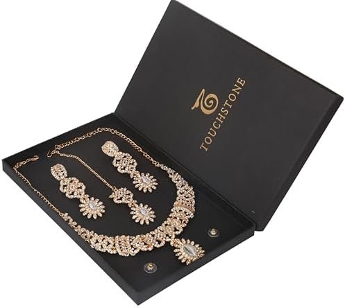 Touchstone Indian jewelry sets for women wedding gold kundan necklace traditional earrings tikka bollywood party style white crystal rhinestone guest gift bridal costume prom dainty accessories