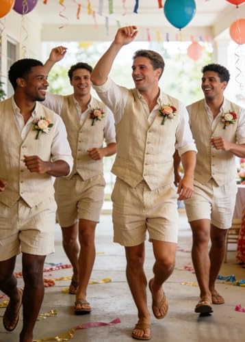 Mens Linen 2 Piece Suit Slim Fit Wedding Groom Groomsmen Summer Vest Shorts Set
