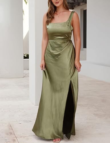 Fiemaoves Summer Vacation Satin Maxi Dresses for Women 2025 Square Neck Formal Elegant Tank Top Wedding Guest Dress with Slit