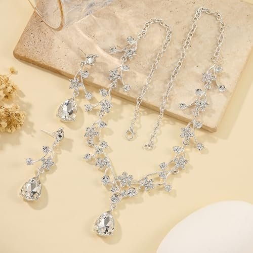 Floral Jewelry Set for WomenWedding Jewelry Sets For Brides With Crystal Necklace & Earrings for Brides and Bridesmaids