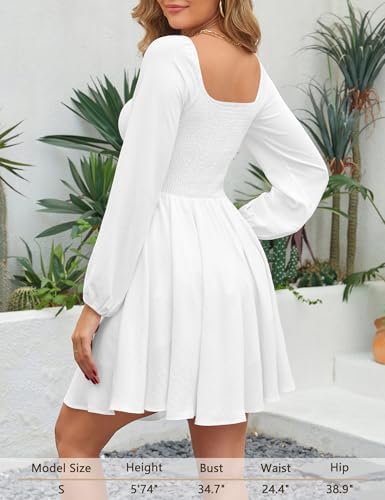 Florboom Womens Sweetheart Knot Front Dress Lantern Long Sleeve Smocked Back A-Line Chiffon Mini Dresses