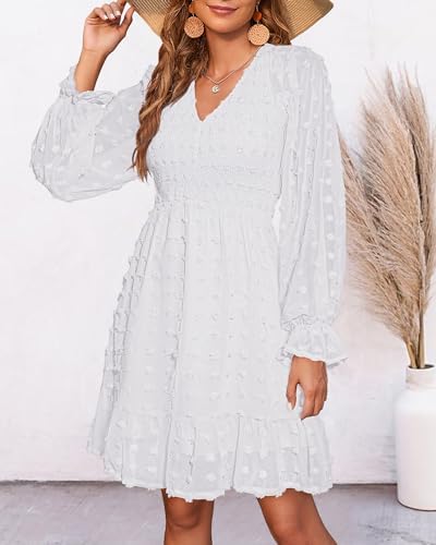 BTFBM Spring Dresses for Women 2026 Long Sleeve Casual V Neck Swiss Dot Smocked Ruffle Chiffon Flowy Mini Summer Dress