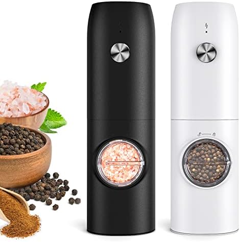 Electric Salt and Pepper Grinder Set-Rechargeable Automatic Pepper Mill Grinder with LED Home Gifts for Women, USB Adjustable Coarseness shakers, One-Hand Operation for Kitchen Appliances