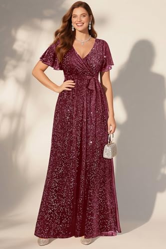 Pinup Fashion Formal Gowns and Evening Dresses – Glitter Prom V Neck Flutter Sleeve A-line Long Dress with Belt