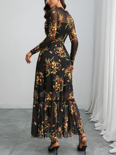 GothDark Womens Floral Mesh Dress Long Sleeve Round Neck A Line Gothic Vintage Casual Wedding Guest Maxi Dresses