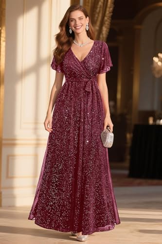 Pinup Fashion Formal Gowns and Evening Dresses – Glitter Prom V Neck Flutter Sleeve A-line Long Dress with Belt