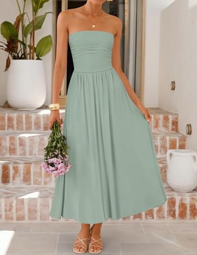 ZESICA Womens Summer Sleeveless Midi Dress 2026 Strapless Ruched A Line Flowy Wedding Guest Party Beach Long Dresses