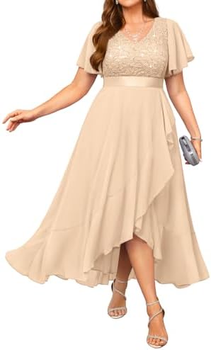 Pinup Fashion Plus Size Formal Dress – Evening Wedding Guest Cocktail Sequin Chiffon Long Dresses with Slit