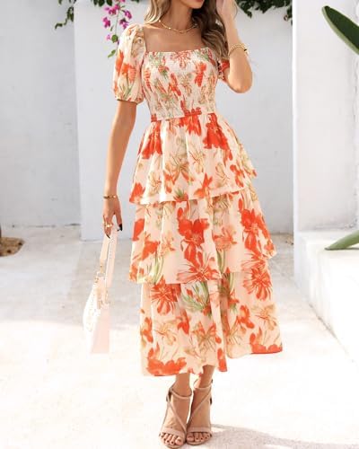 BTFBM Womens Square Neck Smocked Dress Summer Puff Short Sleeve Floral Casual Ruffle Tiered Maxi Wedding Guest Dresses