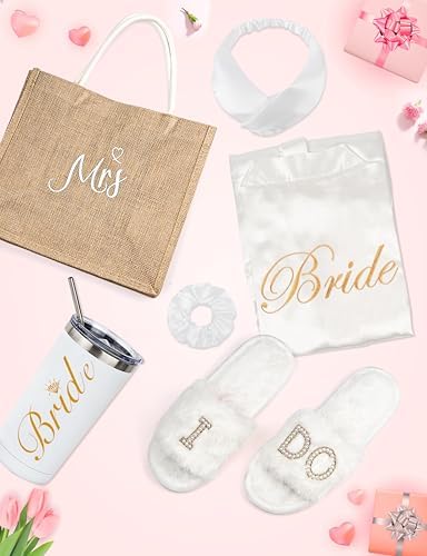 EPLAZA 6 Pcs Bride Robe for Wedding Day Set Bridal Robe with Slippers Tumbler Tote Lace Trim Wedding Robes for Bachelor Party