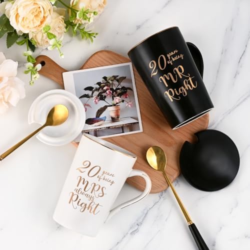 YHRJWN 20 Year Anniversary Presents, 20th Anniversary Presents for Couple Parents, 20th Wedding Anniversary Presents, 20th Mr & Mrs Always Right Coffee Mugs, 14 Oz with Coasters, Spoons and Gift Box