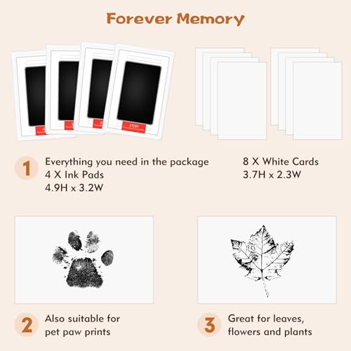 Baby Footprint Kit, 4-Pack Inkless Hand and Footprint Kit, Clean-Touch Baby Hand and Footprint Kit Dog Paw Print Kit Dog Nose Print Kit for Newborn and Pet, 4 Ink Pads and 8 Imprint Cards