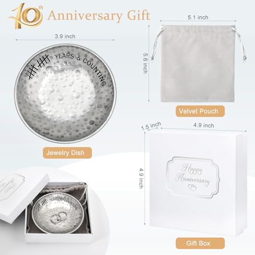 CEELGON 10 Year Wedding Anniversary Tin Gifts – 4 Tin Jewelry Tray Engraved Aluminum Decorative Dish for Couple