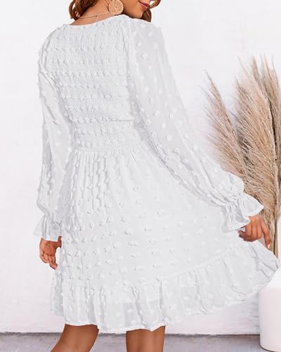 BTFBM Spring Dresses for Women 2026 Long Sleeve Casual V Neck Swiss Dot Smocked Ruffle Chiffon Flowy Mini Summer Dress