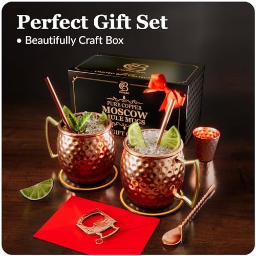 COPPER-BAR Moscow Mule Copper Mugs – Unique HANDCRAFTED Gift Set of 2, Hammered by Artisan, 100% Pure Solid Copper Cups 16oz for Drinking Water & Cocktails, Include 13 Pcs accessories & Special Opener