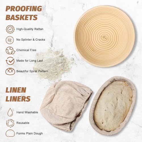 Sourdough Proofing Basket Gift Set, 9 Round and 10 Oval Banneton Bread Baking Supplies, Sourdough Baskets with Bread Lame, Danish Whish, Bowl Scraper, Sourdough Scraper, and Linen Liners