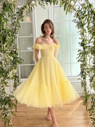 Dotted Tulle Off Shoulder Prom Dress for Women Sweetheart Midi Puffy Formal Party Gowns