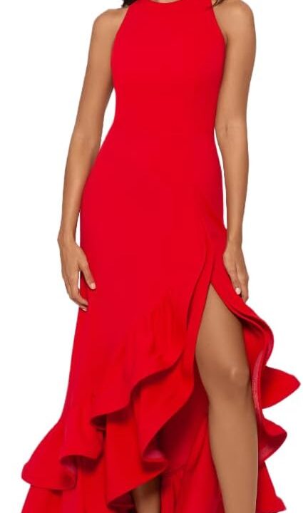 Betsy & Adam Womens Betsy & Adam Women's Sheer Matte Jersey High Neck Cap Sleeve Leg Slit Floor Length Dress