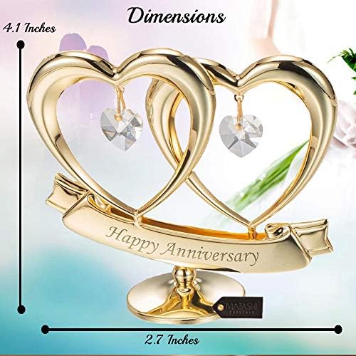 Matashi 24K Gold Plated Anniversary Heart Sculpture with Crystals Double Heart Statue – Perfect Christmas and Holiday Gift and Premium Quality Cake Topper