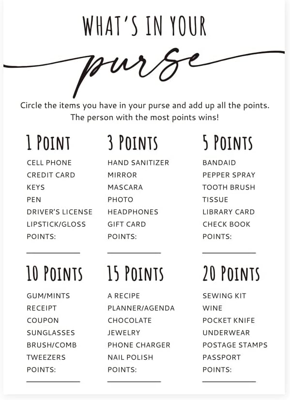 Bridal Shower Game Cards, What's in Your Purse Game, Wedding Party Games, Engagement Party Cards, Minimalist Bridal Shower Games - Set of 30