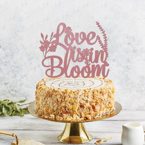 Love is in Bloom Cake Topper – Floral Bridal Shower Decor, Wildflower Themed Bridal Shower Engagement Wedding Party Decorations Rose Gold Glitter