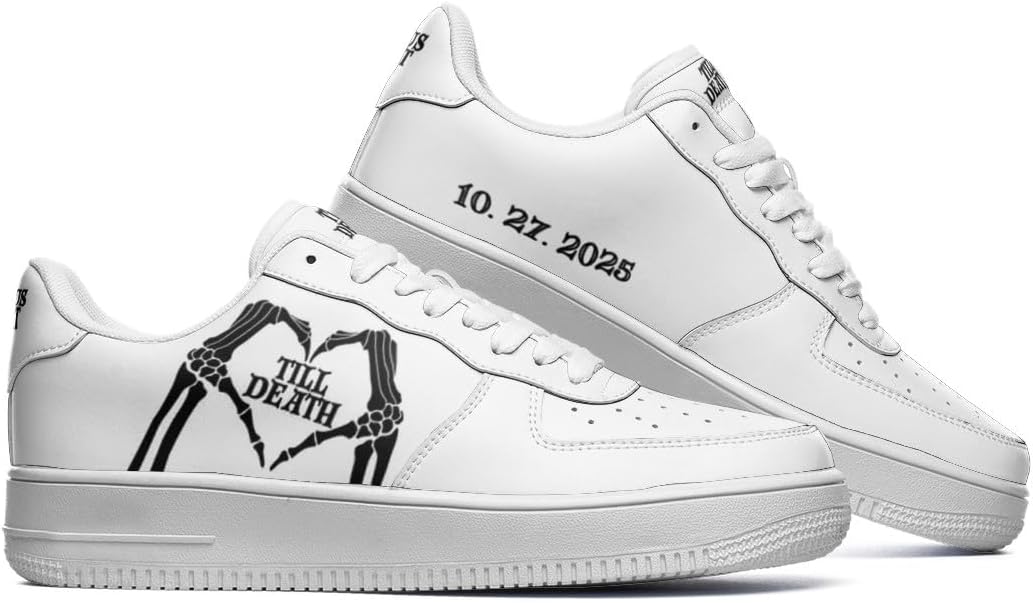 Bride Till Death Collection Low-Top Sneakers, Personalized Bride and Groom Black or White Sneakers for Wedding Day, Wedding Pictures or Honeymoon, Custom Skeleton Heart Design