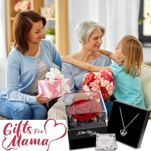 Gifts for Women Birthday, Preserved Real Red Rose with Necklace Gifts for Mom, Eternal Roses Forever Flowers Gifts for Girlfriend Mom Grandma Wife Mothers Day Birthday Anniversary