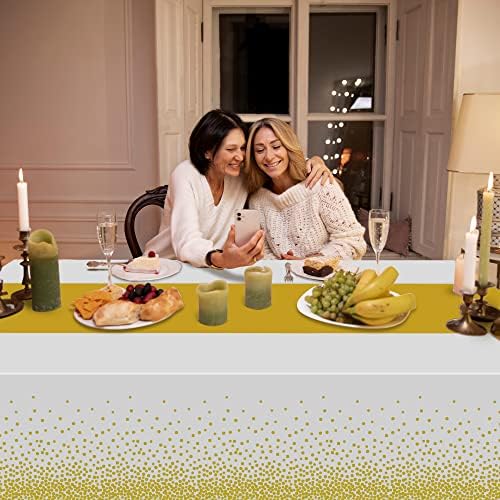 OHOME 4 Pack Disposable Plastic Table Cloths for Parties,White and Gold Rectangle Table Covers for Fall Decor Wedding Bridal Shower Birthday | Baptism Friendsgiving New Years Decorations 54 x 108