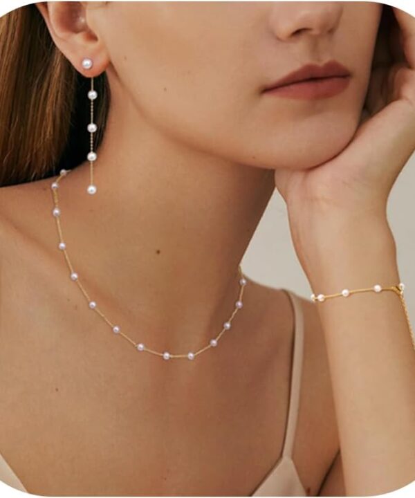 FUNRUN JEWELRY 14K Gold Plated Pearl Necklace Set for Women - Adjustable Choker, Bracelet, Drop Earrings - Dainty Wedding Jewelry