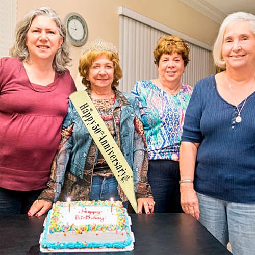 YARIEW 50th Anniversary Decorations, Gold Crown and Happy 50th Anniversary Sash Set, Tiara Crown Sash for 50th Wedding Anniversary Decorations for Party Gifts for Women