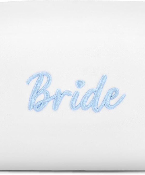 Etercycle Bride Cosmetic Bag, White Satin Bride To Be Makeup Bags Exquisite Embroidery Something Blue Bridal Shower Gifts, Ruffle Toiletry Bag For Engagement Wedding Bridesmaid Bachelorette Party