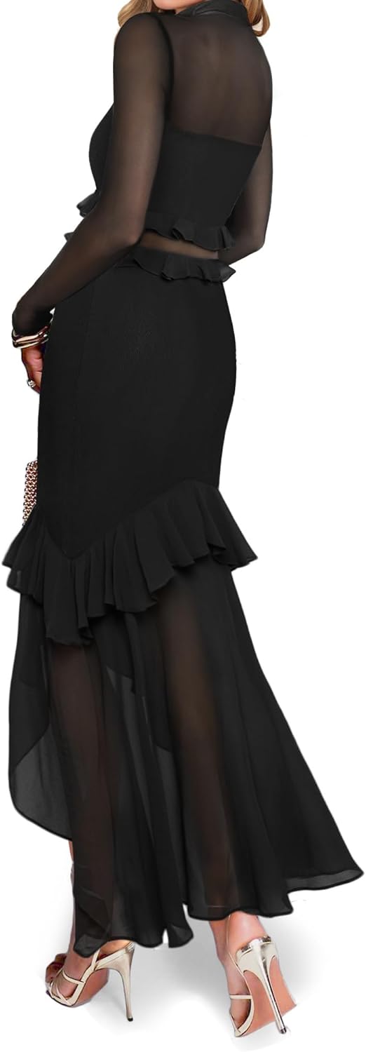 Aisbei Womens Elegant Bodycon Maxi Dress Mock Neck Long Sleeve Ruffle Mesh Party Cocktail Formal Wedding Guest Dresses