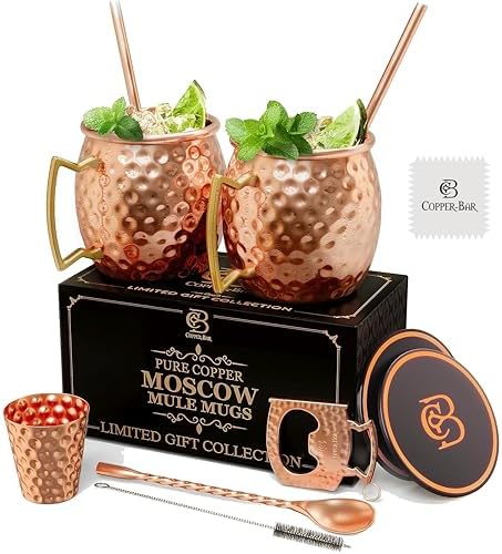 COPPER-BAR Moscow Mule Copper Mugs – Unique HANDCRAFTED Gift Set of 2, Hammered by Artisan, 100% Pure Solid Copper Cups 16oz for Drinking Water & Cocktails, Include 13 Pcs accessories & Special Opener