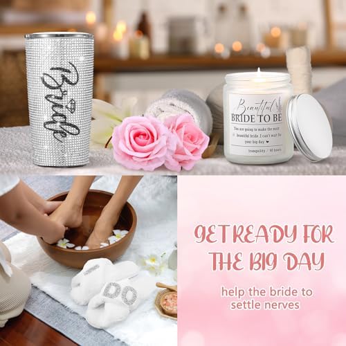 Croloose 9 Pcs Rhinestone Bridal Shower Gift Set Include Box 20 oz Tumbler Slippers Bride Robe Makeup Bag Scented Candle Blindfold 2 Artificial Rose for Bachelorette Wedding Party Gift
