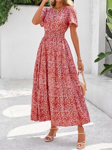 BTFBM Womens Summer Floral Maxi Dresses V Neck Short Sleeve Boho Casual Flowy Long Wedding Guest Dress Beach Vacation