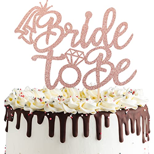 1 PCS Bride to Be Cake Topper with Glitter Ring Bridal Shower Cake Pick Decorations for Wedding Engagement Theme Bachelorette Party Supplies Rose Gold